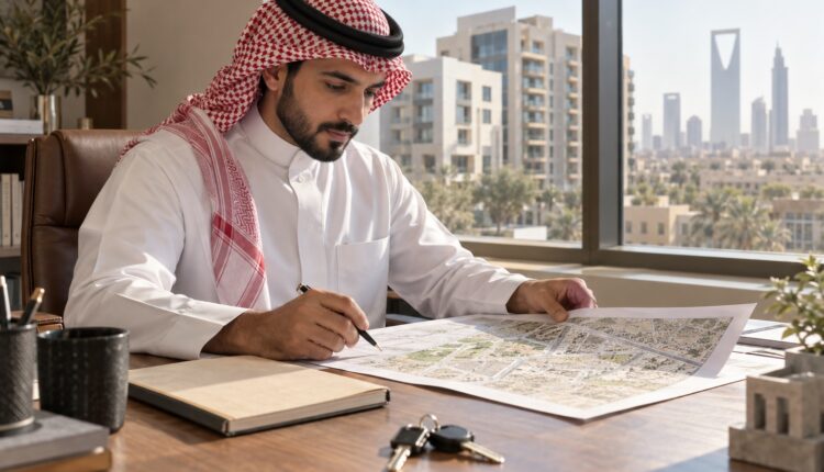 وسيط عقاري ينظم عاداته اليومية ويراجع خريطة حي في الرياض