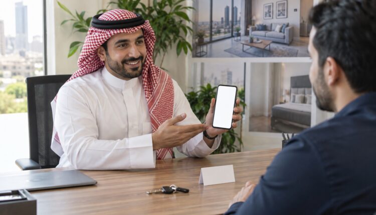 وسيط عقاري يعرض رابط مكتبه لعميل عبر الهاتف