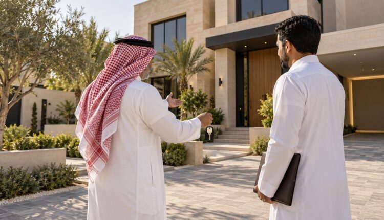 مالك عقار ووسيط عقاري أمام فيلا معروضة للتعاون في ديل