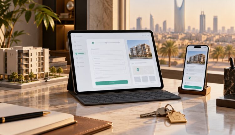 جهاز لوحي يعرض نموذج إعلان عقاري رقمي بجانب مفاتيح منزل