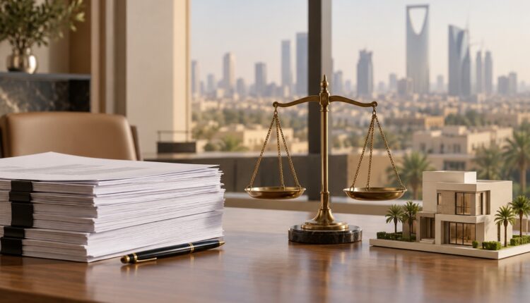 ميزان عدالة وأوراق عقارية ونموذج منزل في مكتب