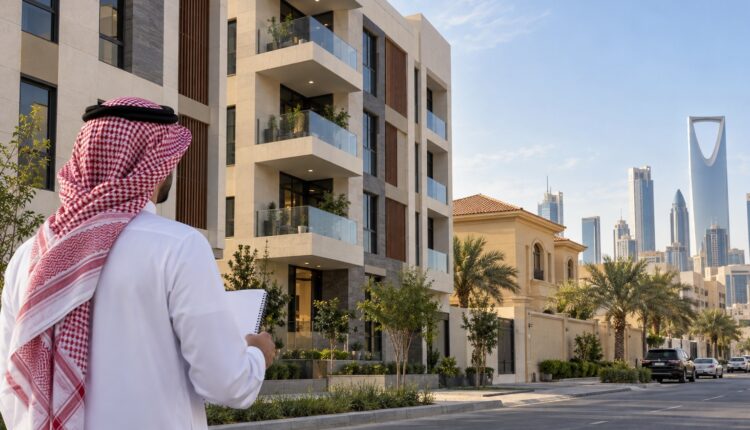 وسيط عقاري يدرس تخصصه أمام مبنى شقق سكنية في الرياض