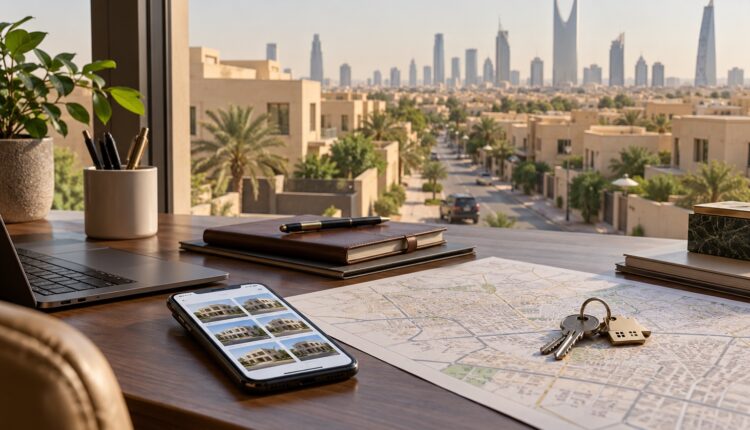خريطة عقارية وهاتف ومفاتيح أمام حي سكني في الرياض