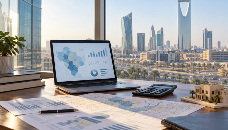 حاسوب يعرض مؤشرات عقارية على مكتب مع خريطة ومدينة