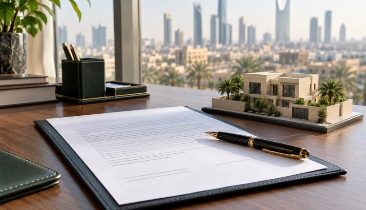 عقد وساطة عقارية وقلم ونموذج منزل في مكتب حديث