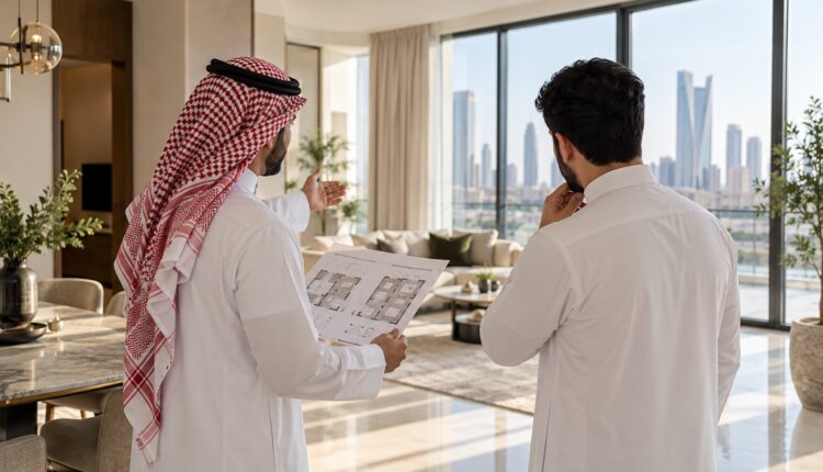وسيط عقاري يعرض مخطط شقة على عميل خلال جولة داخل عقار حديث